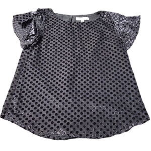 Loft Petites Womens Blouse Black Size PS Nylon Button Pullover Short Sleeve